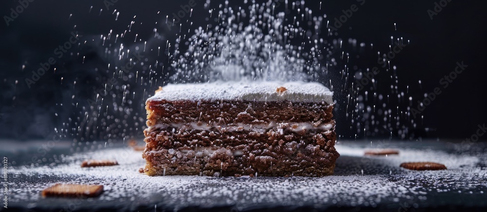 Poster Beckit baked on a black backdrop with a mix of dark and light layers adorned with powdered sugar creating a visually striking image with ample copy space