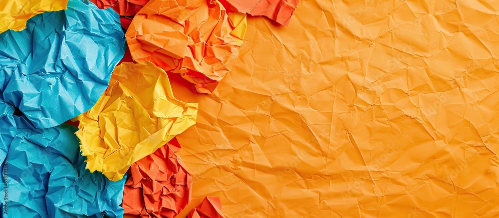 Aufkleber colorful crumpled paper on an orange backdrop with copy space image shot up close