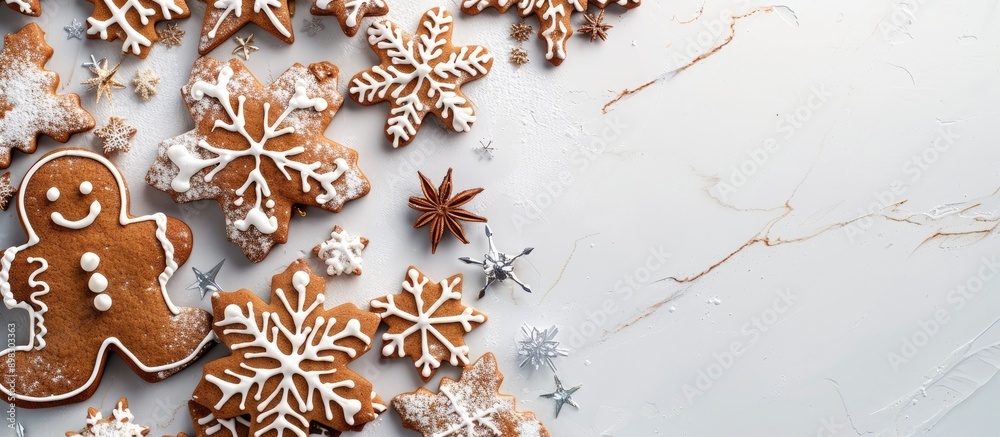 Poster top view of christmas gingerbread snowflake cake cookies and biscuits for decorations in a flat lay 