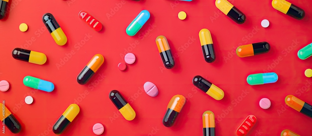 Aufkleber A creative concept featuring a colorful pattern of gelatin medicine capsules on a red background with space for adding an image. Creative banner. Copyspace image