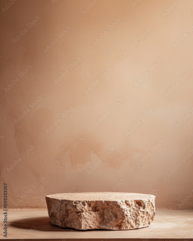 Poster minimalist mockup featuring raw ceramic podium with soft glow in warm terracotta setting - ideal for