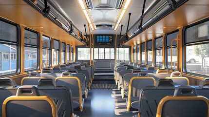 A sleek, modern school bus interior with clean lines and minimal clutter