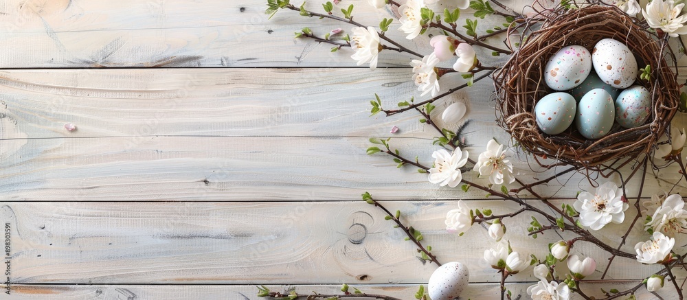Poster a charming easter themed backdrop with blooming flowers and a nest filled with eggs set against whit