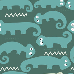 Vector hand-drawn  childish seamless repeating simple flat pattern with chameleons in scandinavian style on a green background. Cute baby animals. Pattern for kids with chameleon. Lizard.
