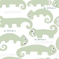 Vector hand-drawn childish seamless repeating simple flat pattern with chameleons in scandinavian style on a green background. Cute baby animals. Pattern for kids with chameleon. Lizard.