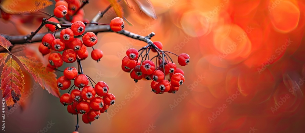 Poster Autumn branch of a rowan tree adorned with vibrant red berries perfect for a copy space image