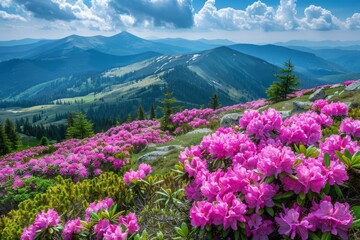 Obraz premium Pink rhododendron flowers in a mountain valley