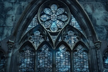 Fototapeta premium Gothic Stained Glass frame made of dark, intricate stained glass designs with pointed arches. 