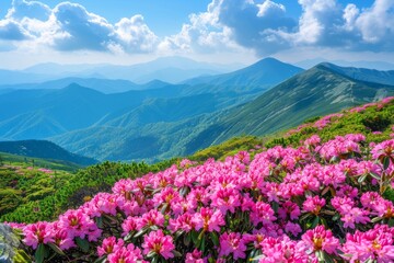 Fototapeta premium Blooming pink rhododendrons in a mountain valley