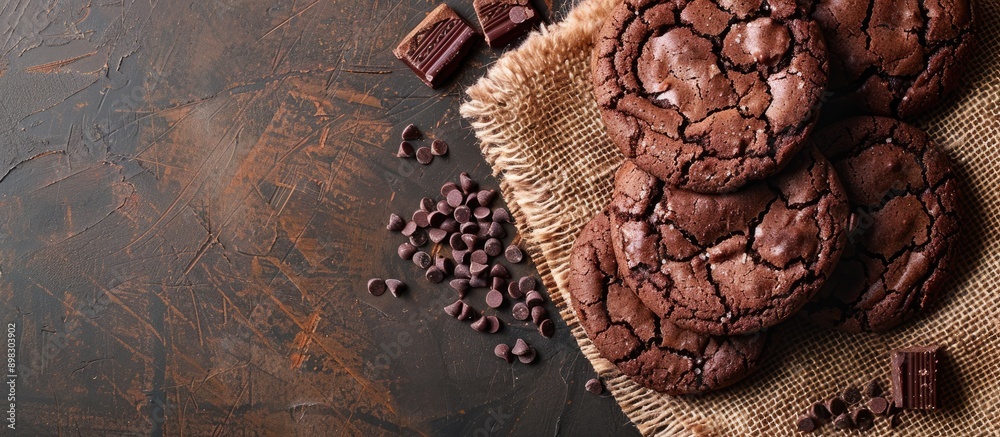 Aufkleber delicious homemade chocolate cookies displayed on burlap with copy space image