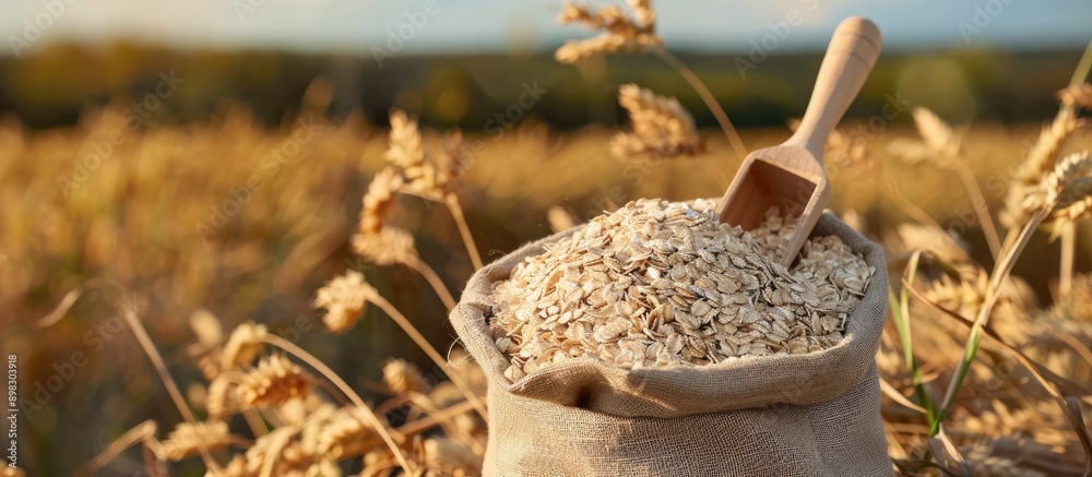 Poster Bag of raw oatmeal and a wooden scoop on a table with a ripe cereal field in the background providing a serene copy space image