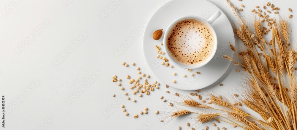 Aufkleber barley coffee cup with grains and spikes arranged on a white table in a flat lay composition providi