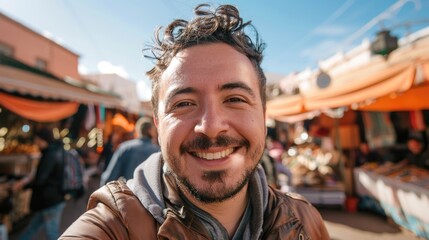 Fototapeta premium A man captures a moment of himself taking a selfie amidst the bustle of a market