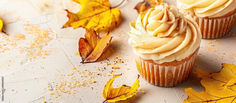 Poster a broken homemade apple cupcake with apple filling on a light background with yellow leaves evokes t