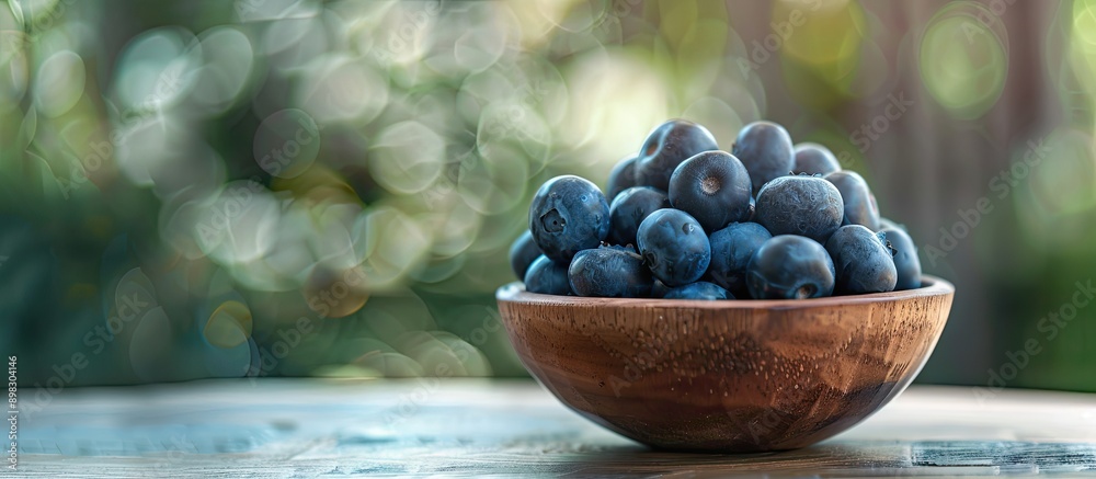 Leinwandbilder blueberries in a wooden bowl on a table with a blurred background perfect for a copy space image