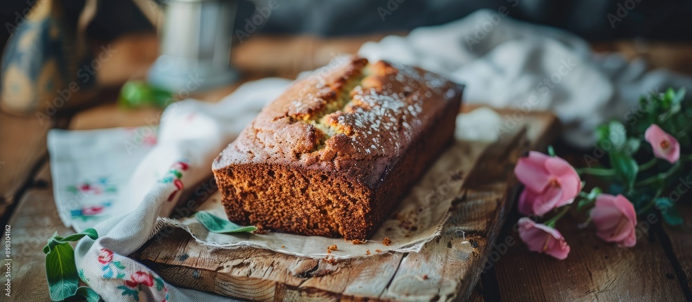 Poster a delicious loaf of banana bread perfect for breakfast or a snack with a rustic touch displayed on a