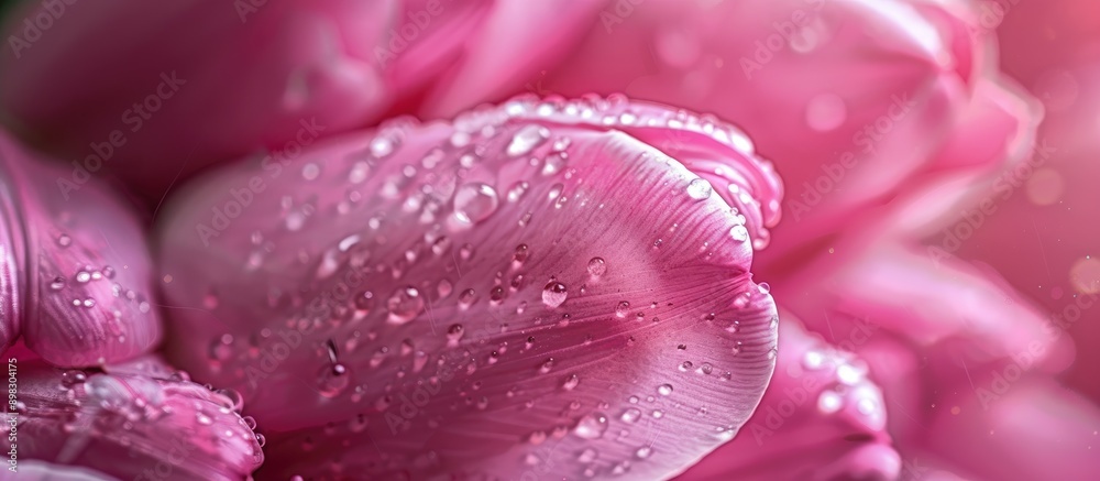 Poster close up image of pink tulip petals with water droplets on a natural background providing ample copy