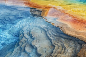 Abstract reflections in water showing a blend of orange, pink, green, and blue colors creating a vibrant, rippling pattern, AI generated