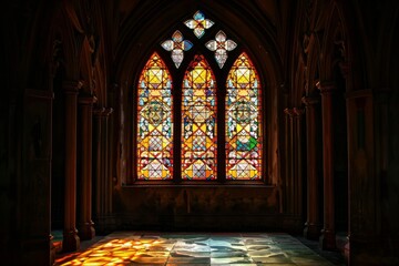 Obraz premium Gothic Stained Glass frame made of dark, intricate stained glass designs with pointed arches. 