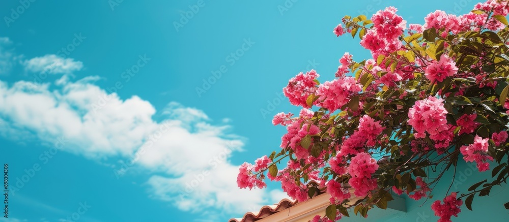 Poster blue sky serves as the background for a picturesque pink flower bush by a roof offering ample space 