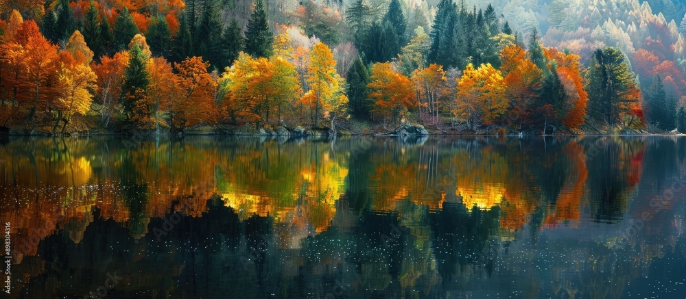 Leinwandbilder autumn colored trees reflecting in water in a photograph with a serene copy space image
