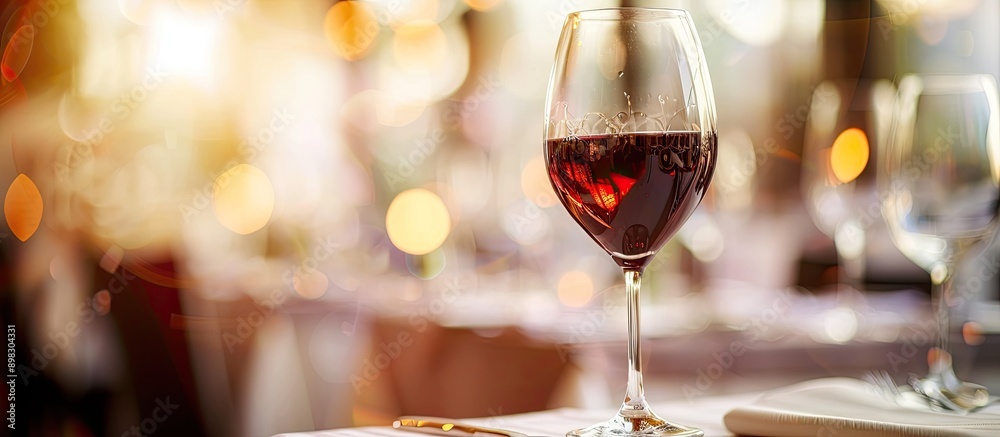 Poster Blurry background with copy space image featuring a glass of red wine and elegant tableware set against a formal restaurant setting for a lunch meal