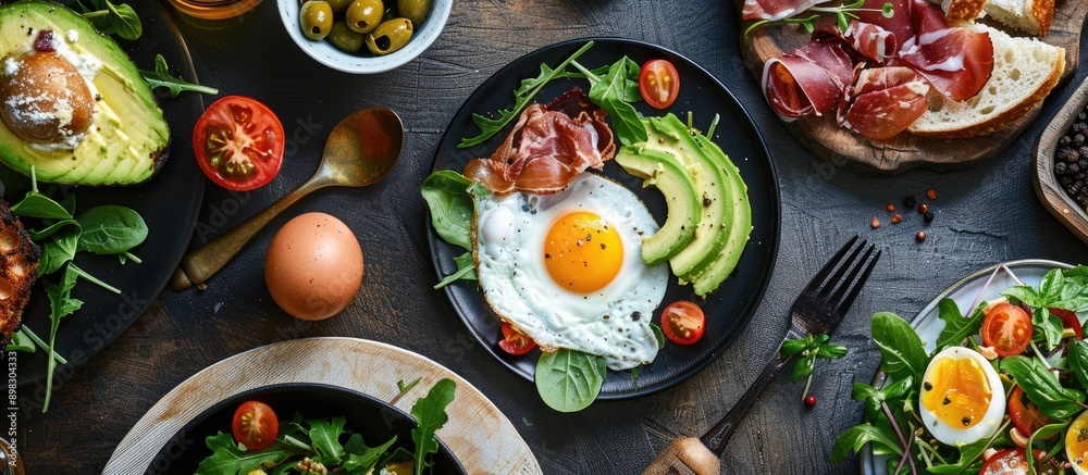 Poster top down view of a keto brunch spread featuring a fried egg prosciutto avocado and salad on a ketoge