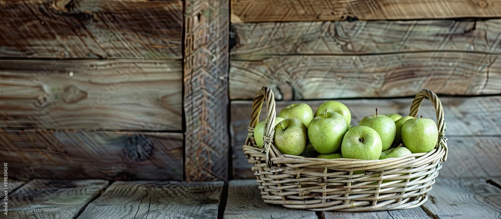 Poster a basket filled with fresh green apples from the garden is placed in front of a wooden wall providin