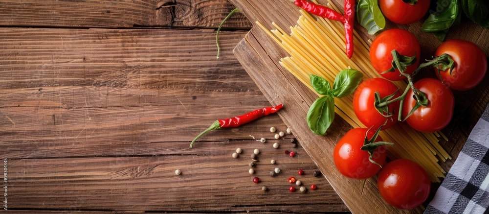 Aufkleber composition of textures featuring fresh ingredients like cherry tomatoes chili peppers and egg pasta