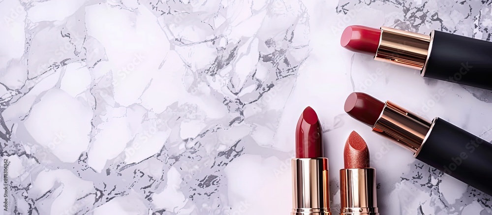 Poster cosmetic items such as lipsticks displayed on a marble backdrop with copy space image