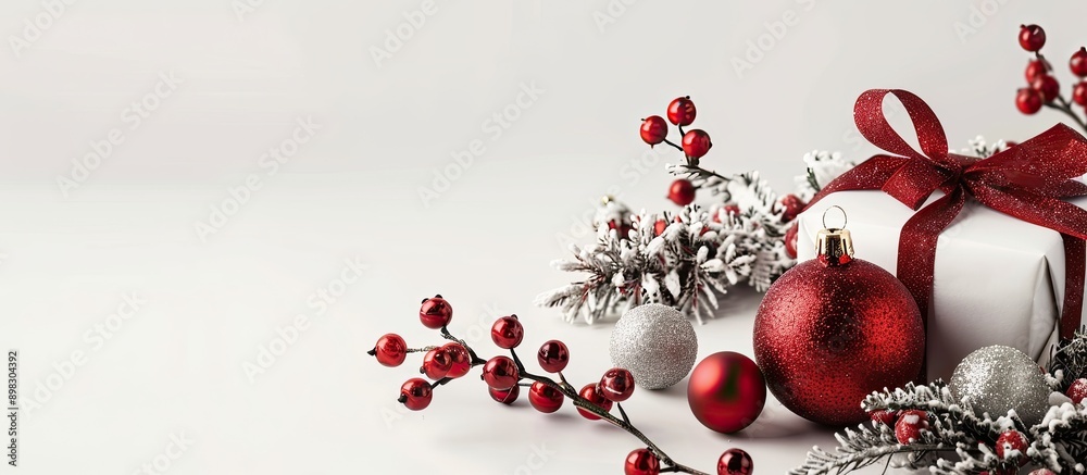 Poster Decorative Christmas items displayed against a white backdrop including a red ornament and a gift box in a festive setting with copy space image