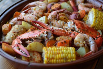 A dish of seafood boil, featuring crab legs, shrimp, corn on the cob, and potatoes, all seasoned with Old Bay.