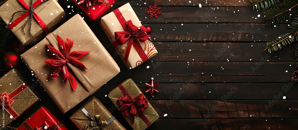 Poster a background banner featuring a box filled with beautifully wrapped christmas gifts with available s