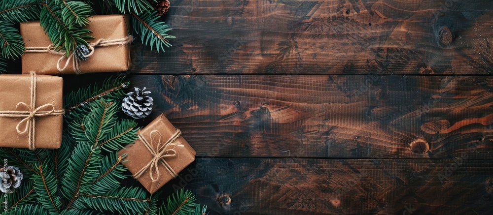 Aufkleber Christmas atmosphere with gift boxes fir tree branch on wooden table creating a festive background with copy space image