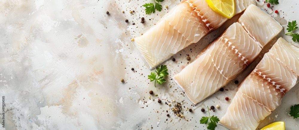 Poster a top down view of organic hake fish slices a healthy and raw seafood ingredient suitable for keto p