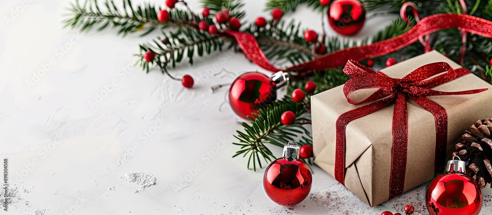 Poster Decorative Christmas items displayed against a white backdrop including a red ornament and a gift box in a festive setting with copy space image