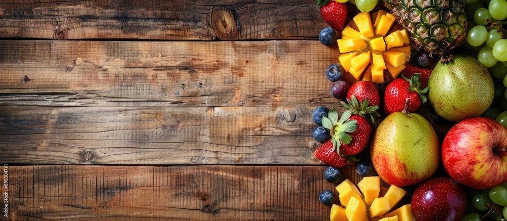 Poster assortment of fruits displayed on a vintage wooden surface with ample copy space image