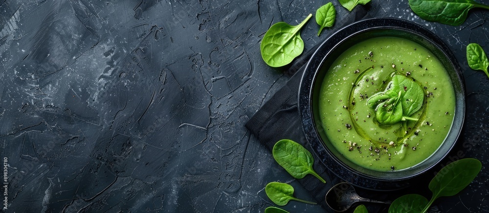 Poster Creamy avocado soup with spinach presented in a top view setting featuring a diet food concept with vegetarian and vegan options shown in a copy space image