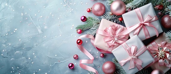 Create a chic and festive holiday arrangement with gift boxes embellished with pink ribbon shiny ornaments and fir branches It offers a balance of elegance and winter allure for your Christmas festiv