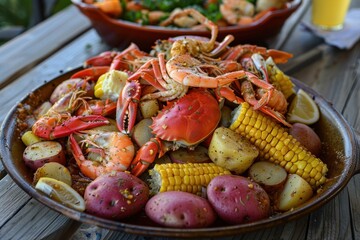A dish of seafood boil, featuring crab legs, shrimp, corn on the cob, and potatoes, all seasoned with Old Bay.