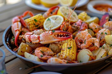 A dish of seafood boil, featuring crab legs, shrimp, corn on the cob, and potatoes, all seasoned with Old Bay.