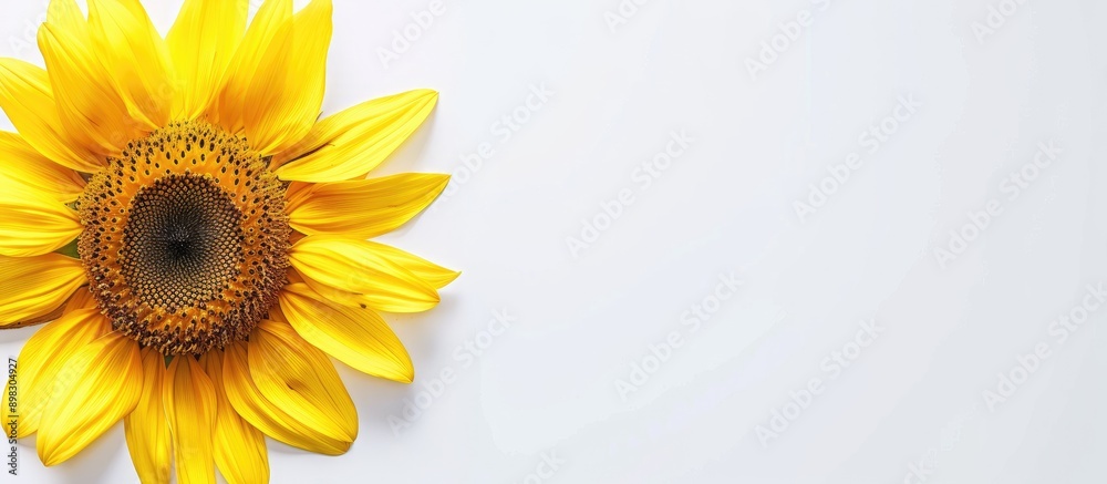 Aufkleber top view of a bright yellow sunflower against a blank white background with space for text or images