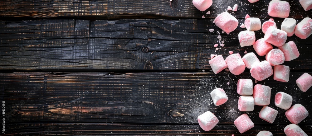 Poster black wooden background with marshmallows providing copy space image