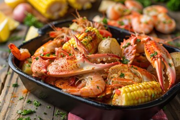A dish of seafood boil, featuring crab legs, shrimp, corn on the cob, and potatoes, all seasoned with Old Bay.