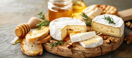 A cheese platter with Brie slices nuts honey and baguette toast on a wooden board with a copy space image showcasing different Italian and French cheeses like Brie - Powered by Adobe