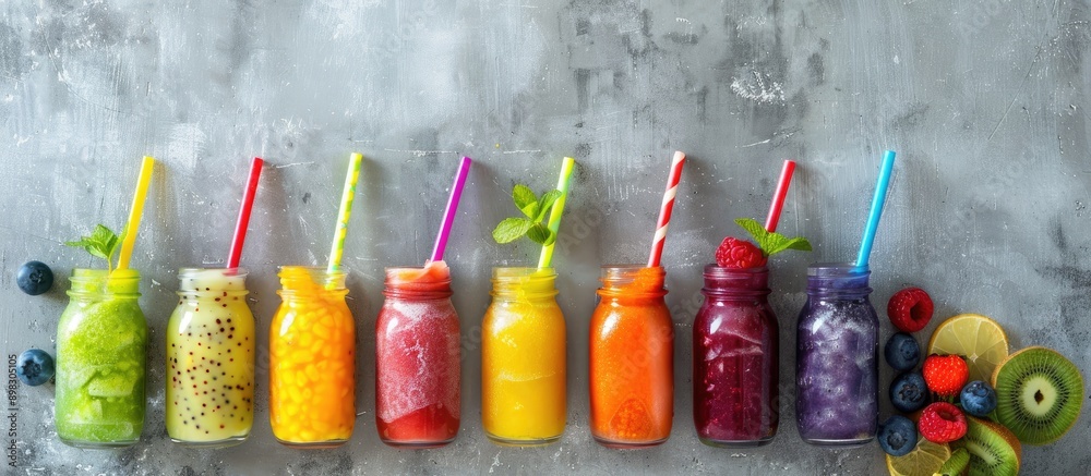 Poster assortment of frozen fruit puree sticks for a healthy summer concept baby food displayed in a glass 