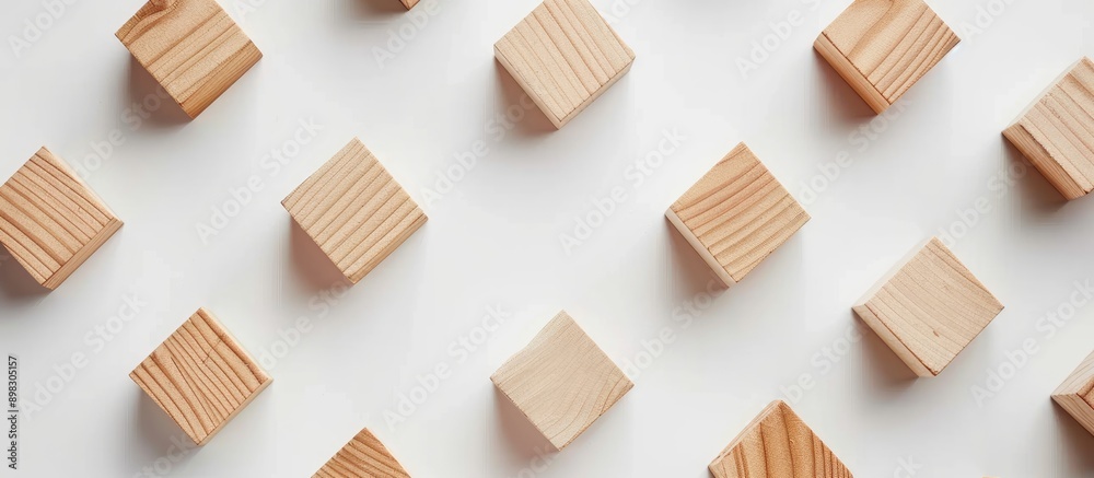 Poster flat lay composition with blank wooden cubes on a light background providing copy space image