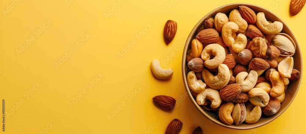 Poster Flat lay composition of delicious nuts arranged in a bowl on a yellow backdrop with ample copy space image