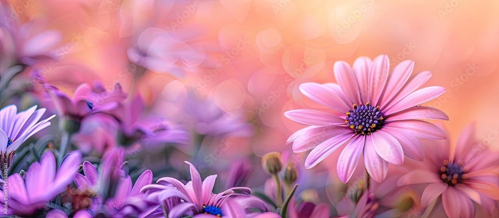 Poster An African Daisy Osteospermum rests on vibrant purple flowers in a garden set against a soft backdrop with ample copy space creating a field of pink and purple blooms