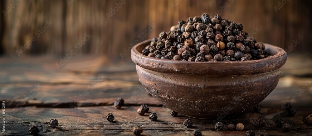 Poster clay bowl filled with black pepper on wooden backdrop with ample copy space image conveying notions 